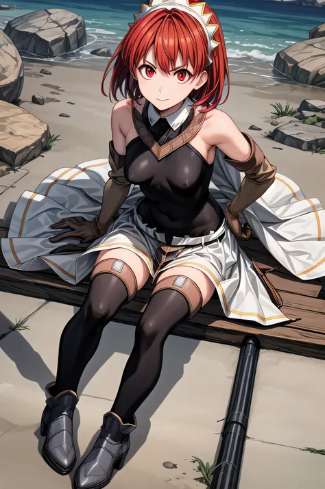 Cecily Campbell, 1girl, solo, red hair, red eyes, short hair, headdress, small breasts, serious, bodysuit, skirt, collar, single shoulder pad, elbow gloves, black thighhighs, boots, greaves, outdoors, masterpiece , sitting, intricate eyes,beautiful detaile...