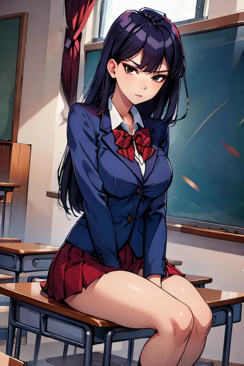 komi shouko,red shirt,navy blue blazer,sit, classroom,high quality,4k,