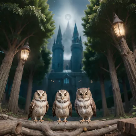 Descreva uma imagem de 7 corujas em estilo de desenho animado com tema de Harry Potter. Owls are represented with clear lines and delicate details, like Disney Pixar&#39;s high-quality animations. Elas possuem penas coloridas e brilhantes, perfectly matchi...