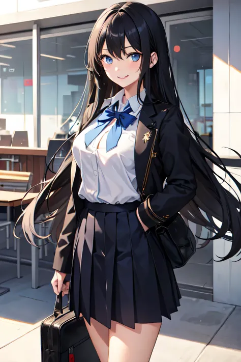 girl,in school,school outfit,long hair,black hair,blue eyes,medium tits,smile expression