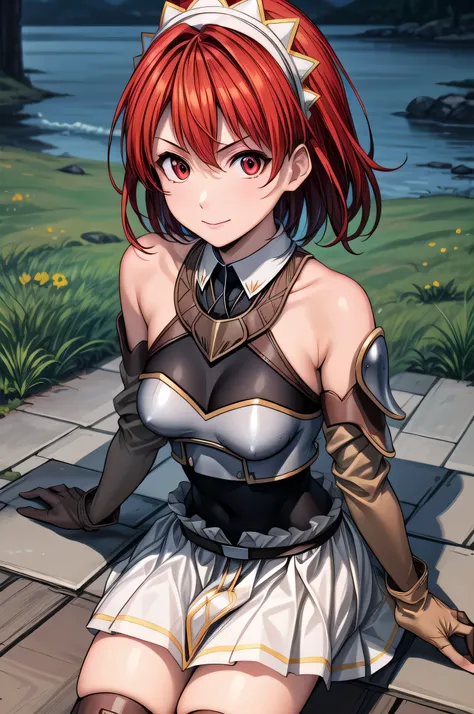 Cecily Campbell, 1girl, solo, red hair, red eyes, short hair, headdress, small breasts, serious, bodysuit, skirt, collar, single shoulder pad, elbow gloves, black thighhighs, boots, greaves, outdoors, masterpiece , sitting, intricate eyes,beautiful detaile...