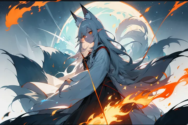 girl，Sea of stars，Princess，Net，nine tailed fox，Nine fox tails，Fox Spirit，fox ears，elf ears，gray cloak，Black Scythe，The greedy white skin that cries，Fire Song，poster，，Tyndall effect，amazing，Magic Starry Sky