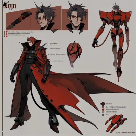 Create a modelo sheet of a male character from distant Future, who uses a red trent coat with Black details. He is dangerous and got big robot gloves and a robot tail connected with his spine.