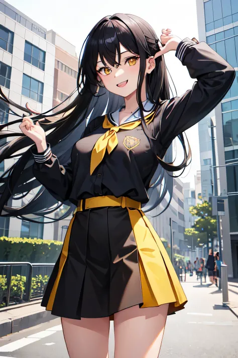 girl,in school,school outfit,long hair,black hair,yellow eyes,medium tits,smile expression