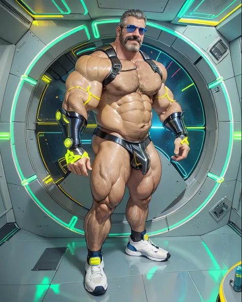 full body portrait, strong burly hairy mature older man(space captain), wearing futuristic captains uniform insignia (neon and black) (open and revealing) (latex) , gray hair, reflective sunglasses (neon yellow rims), broad shoulders, round belly, thick fe...