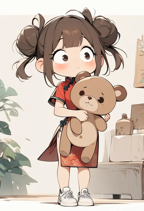 (masterpiece, best quality:1.2), cartoonish character design。1 girl holding a teddy bear, alone，big eyes，cute expression，two hai...