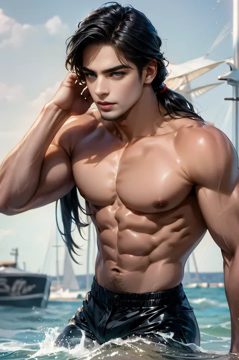 1 man, alone, young handsome man, Latin mulatto skin, attractive features, tan tone skin, dark blue eyes, friendly expression,  mans long haircut medium, black brown hairstyle, small low ponytail at back of head, light beard, casual clothing, urban outfit,...