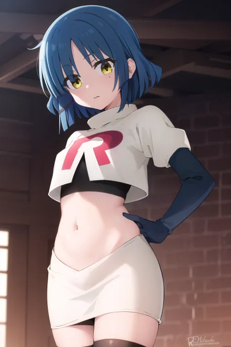 ryouyamada, ryou yamada, blue hair, eyes visible through hair, mole, mole under eye, short hair, (yellow eyes:1.3), hairclips,
BREAK team rocket,team rocket uniform,white skirt,red letter R,crop top,black thigh-highs,black elbow gloves
BREAK looking at vie...