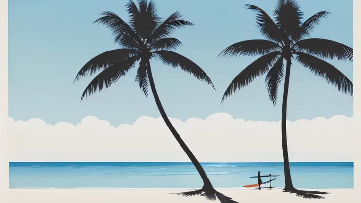 A simple illustration by Hiroshi Nagai　On the other side of the pool　Summer blue sky and beach　Tranquil scenery　calm sea　One tall palm tree　Seagull silhouette　２Two surfboards