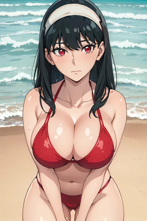 ((best quality)), ((masterpiece)), (detailed), perfect face, Yor, Yor forger, bangs, black hair, red eyes, big breasts, cleavage, slim body, thigh thighs, wearing maroon bikini, wearing tight bikini, at the beach, beach setting, perfect skin, shiny skin, w...