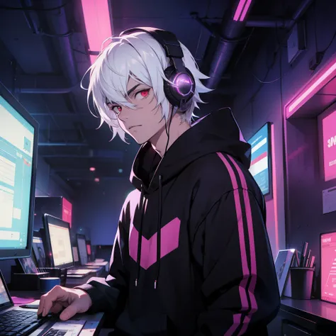 Anime style, 19 year old male vampire, white hair, red eyes, wears headphones, wears a black sweatshirt with purple details, dark room with purple neon lights in the background