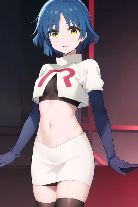 ryouyamada, ryou yamada, blue hair, eyes visible through hair, mole, mole under eye, short hair, (yellow eyes:1.3), hairclips,
BREAK team rocket,team rocket uniform,white skirt,red letter R,crop top,black thigh-highs,black elbow gloves
BREAK looking at vie...