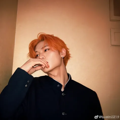 (best quality,ultra-detailed,realistic:1.37),professional,portrait,Hyunjun hur actor,k-pop idol,detailed eyes and lips,orange hair,realistic clothing,studio lighting,vivid colors,sharp focus,orange color tone