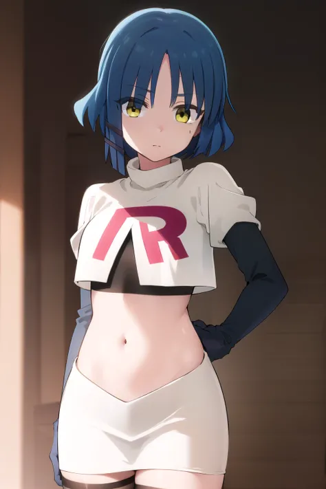 ryouyamada, ryou yamada, blue hair, eyes visible through hair, mole, mole under eye, short hair, (yellow eyes:1.3), hairclips,
BREAK team rocket,team rocket uniform,white skirt,red letter R,crop top,black thigh-highs,black elbow gloves
BREAK looking at vie...