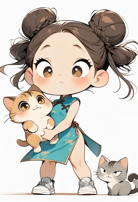 (masterpiece, best quality:1.2), cartoonish character design。1 girl holding a cat, alone，big eyes，cute expression，two hair buns，...