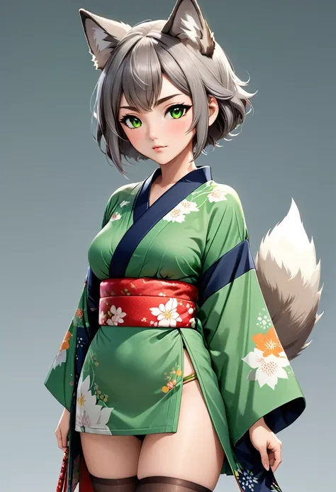 attractive figure marked by disproportionate features often emphasized in adult-oriented content. Her physical traits include short gray hair; green eyes; large breasts; light brown skin; animated wolf ears and tail showcasing emotion; tight genitalia; sho...