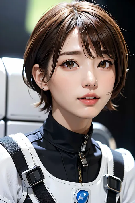 highest quality、masterpiece、ultra high resolution、(real:1.4)、Beautiful woman１、Beautiful details of eyes and skin、light brown short cut hair、small smile、latest space suit、space station、spaceship、Remains、cloudy sky、Sci-Fi Taste、film grain、