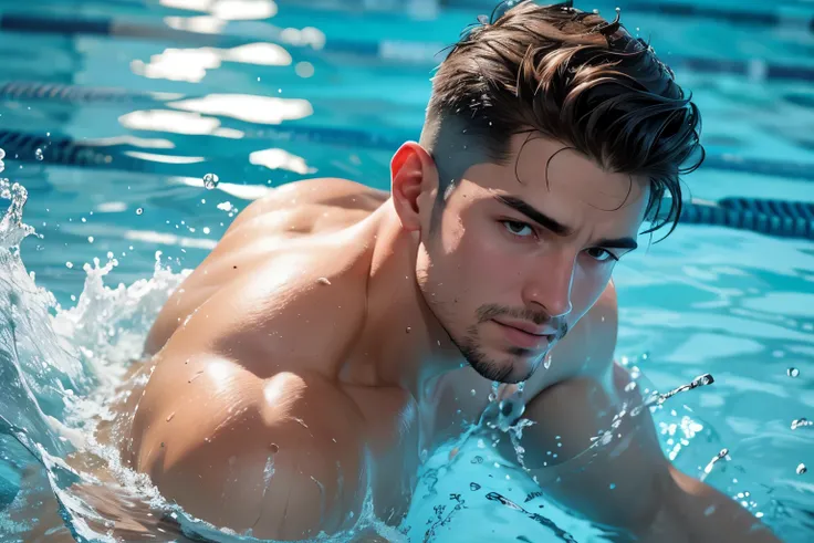 High angle shot photo, High angle view from above, Ultra detailed photo of face of handsome man, rise from water, water up to his shoulder, the pool, looking to the camera, splashing water and water drops, high angle view, high angle shot, splashing wate...