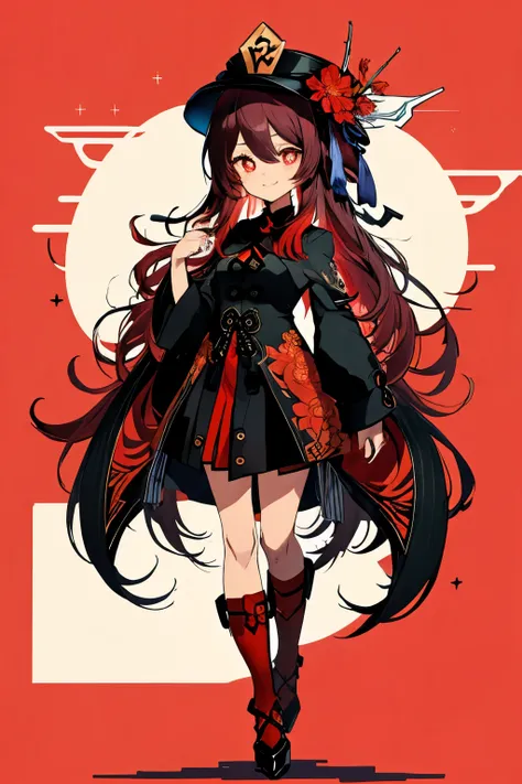 hu tao \(genshin impact\), 2d, symbol-shaped pupils, flower-shaped pupils, hat, red flower, red eyes, full body, young woman, be...