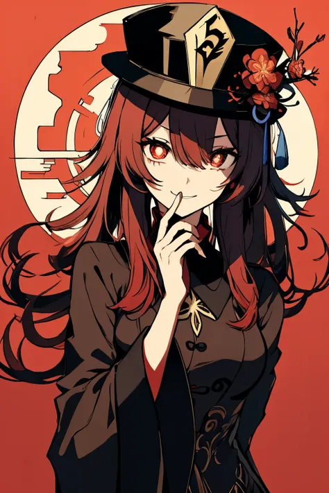 hu tao \(genshin impact\), 2d, symbol-shaped pupils, flower-shaped pupils, hat, red flower, red eyes, full body, young woman, be...