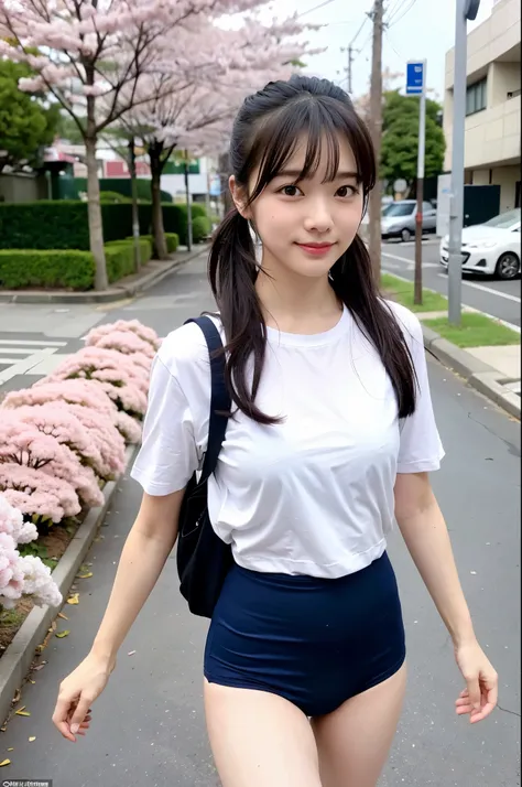 girl walking near bus stop in windy cherry blossom street,white short-sleeved long t-shirt with navy blue neckline,navy blue speedo briefs,white high socks,knapsack,18-year-old,bangs,a little smile,thighs,knees,low ponytail with barrette,hair blowing in wi...