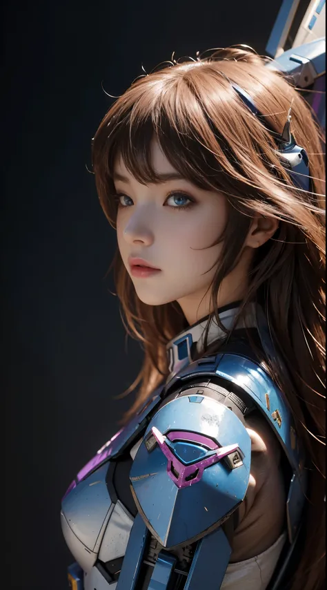 RAW, Masterpiece, Ultra Fine Photo,, Best Quality, Ultra High Resolution, Photorealistic, Sunlight, Full Body Portrait, Stunningly Beautiful,, Dynamic Poses, Delicate Face, Vibrant Eyes, (Side View) a close up of a woman in a pink and white gundam custume,...