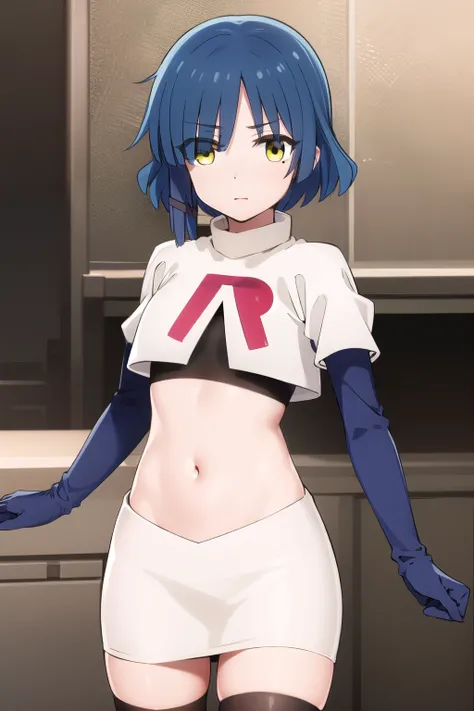 ryouyamada, ryou yamada, blue hair, eyes visible through hair, mole, mole under eye, short hair, (yellow eyes:1.3), hairclips,
BREAK team rocket,team rocket uniform,white skirt,red letter R,crop top,black thigh-highs,black elbow gloves
BREAK looking at vie...