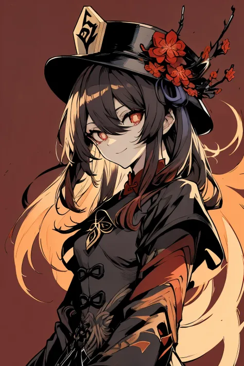 hu tao \(genshin impact\), 2d, symbol-shaped pupils, flower-shaped pupils, hat, red flower, red eyes, full body, young woman, be...