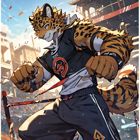 Ridiculed，4k, actual, high detail, super detailed, Leopard，juvenile，Golden fur，Strong body，sportswear，look at screen，Prepare for a fight，The background is the school gymnasium，individual。