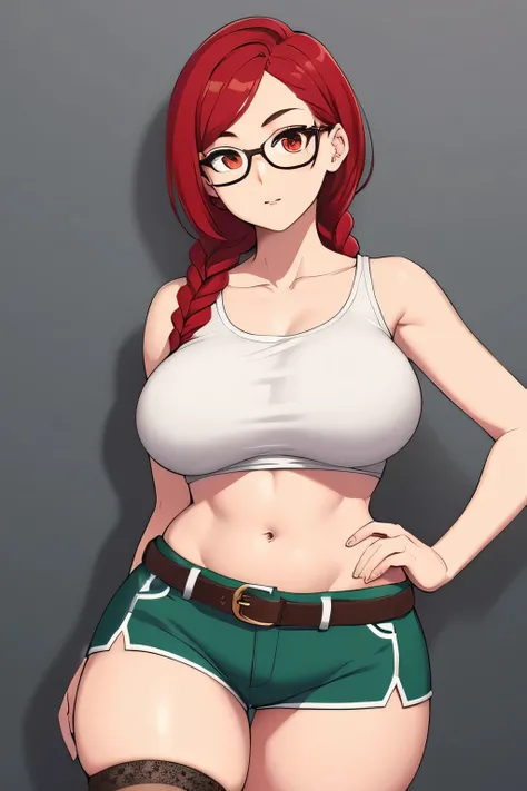 A large woman with a big chest, red hair, short braids, her brown eye, wearing glasses, a small, thin body, curves, and wearing a white striped top, showing her navel, and her short green shorts, wearing a black belt, a pair of white net socks on her leg. 