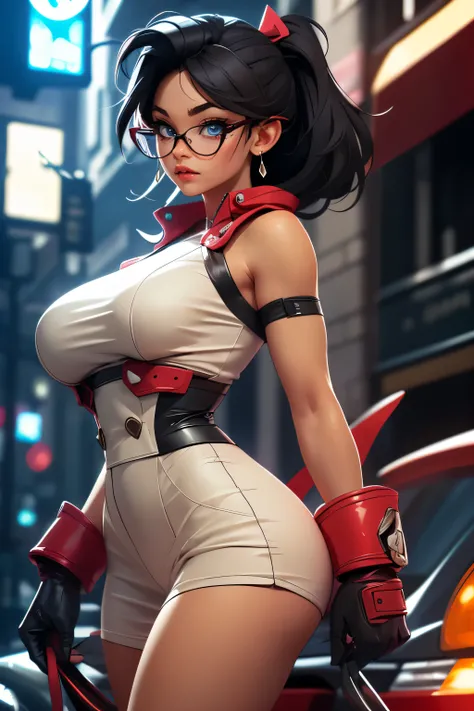 Wide angle shot, beautiful female street fighter, wearing large glasses, black undercut hair, Wear large steel gloves