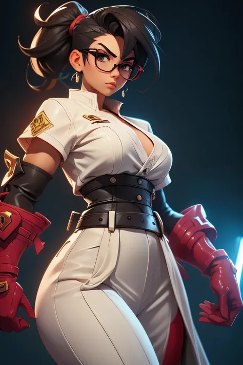 Wide angle shot, beautiful female street fighter, wearing large glasses, black undercut hair, Wear large steel gloves