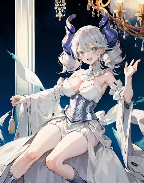 1girl, labrynth, silver hair, grey eyes, large breasts, full body, exposed thighs, exposed armpit, horns, cleavage, white dress, Ornate, laughing, night, moon, ivory, exquisite, chandelier, smug, hand over mouth,
white interior,