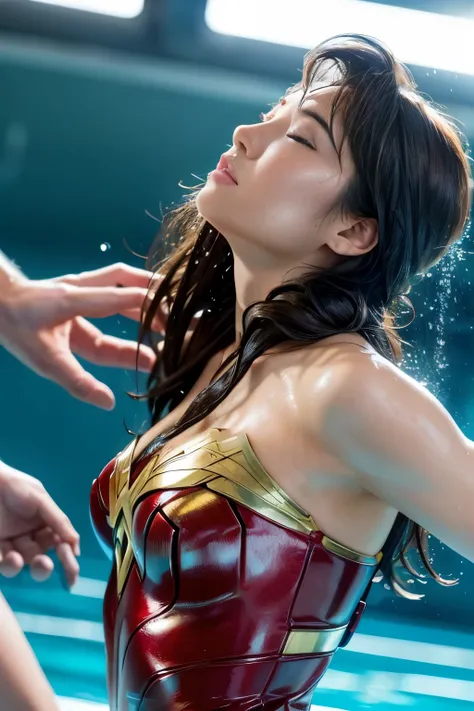 perfect wonder woman costume,turn away,back view,being submerged in a pool,drowning in the pool,face submerged in water,dive und...