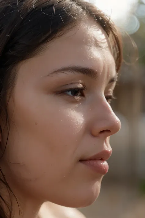 A close-up of a persons skin feeling the warmth of the sun, with droplets of sweat or a sunbeam directly hitting, showing the heat without fear.