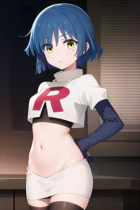 ryouyamada, ryou yamada, blue hair, eyes visible through hair, mole, mole under eye, short hair, (yellow eyes:1.3), hairclips,
BREAK team rocket,team rocket uniform,white skirt,red letter R,crop top,black thigh-highs,black elbow gloves
BREAK looking at vie...