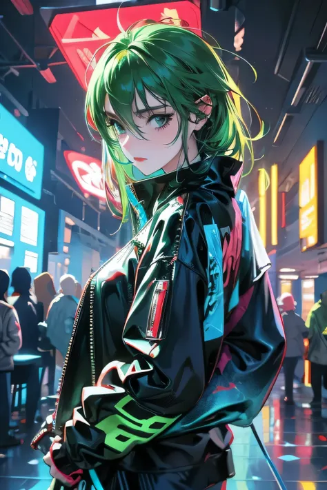 2d beautiful girl　Cyberpunk Outfit　green back