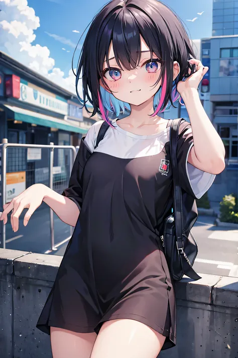 black hair, light smile, ear blush, fang, colored inner hair, streaked hair, short hair, ahoge, gradient eyes, shy eyes, shy, One hand covering the chest, Small breasts, drop shadow, anaglyph, stereogram, tachi-e, pov, zoom layer, anime, 8k, super detail, ...