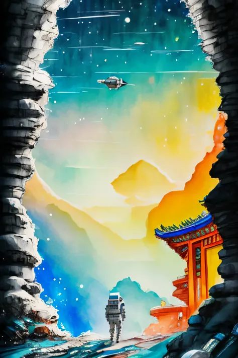 astronaut，through the window of the spaceship，see the beautiful earth，thick coating of chinese comics，colorful light and shadow，...