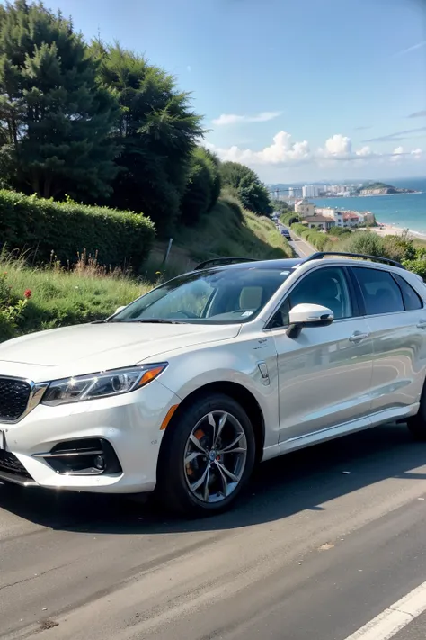 BYD Han EV vehicle，silver，Driving on the seaside road
