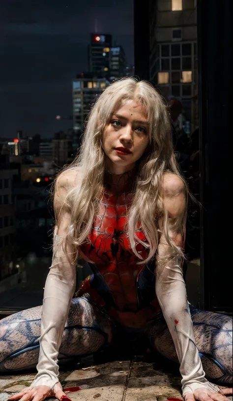 (Masterpiece, 4k resolution, ultra-realistic, very detailed), (White superhero theme, charismatic, theres a girl on top of town, wearing Spider-Man costume, shes a superhero), [ ((25 years), (long white hair:1.2), full body, (blue eyes:1.2), ((Spider-Man p...