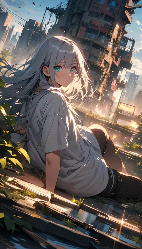 ((Masterpiece. Cinematic lighting. 4K. Extremely detailed cg. Full HD. Super detailed. Best quality. Girl looking viewer. Pretty face girl. Reflection, beautiful girl. Long hair. Silver hair. Beautiful Aqua eyes. White T - shirt oversized.)) beautiful scen...