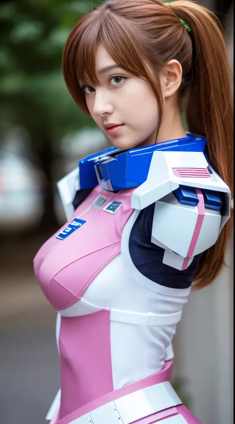 RAW, Masterpiece, Ultra Fine Photo,, Best Quality, Ultra High Resolution, Photorealistic, Sunlight, Full Body Portrait, Stunningly Beautiful,, Dynamic Poses, Delicate Face, Vibrant Eyes, (Side View) a close up of a woman in a pink and white gundam custume,...