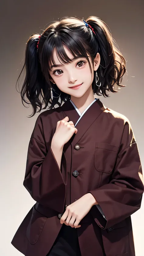 (((Masterpiece))),((top quality)),one beautiful Japanese girl,14 years old、young、bangs、wavy hair、(((two side up:1.5)))、short hair、black hair、brown eyes、droopy eyes、smile、(The background is plain)、ailor suit:1.5)、barefoot