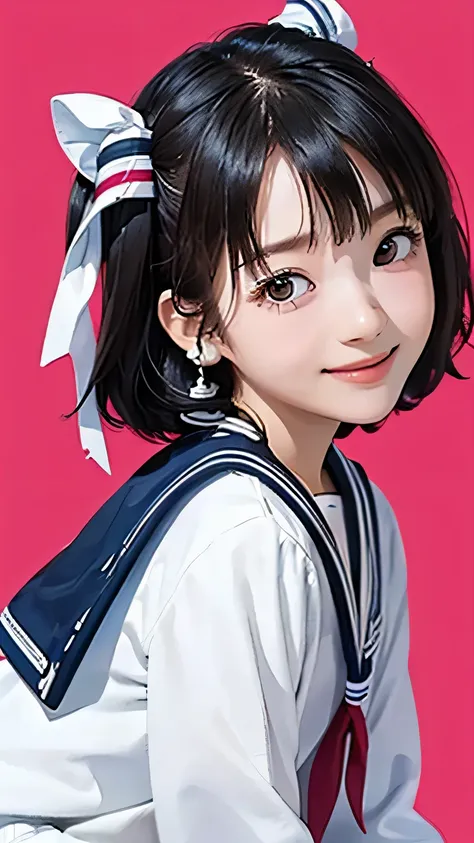 (((Masterpiece))),((top quality)),one beautiful Japanese girl,14 years old、young、bangs、wavy hair、(((two side up:1.5)))、short hair、black hair、brown eyes、droopy eyes、smile、(The background is plain)、mini skirt、(white sailor suit:1.5)、barefoot