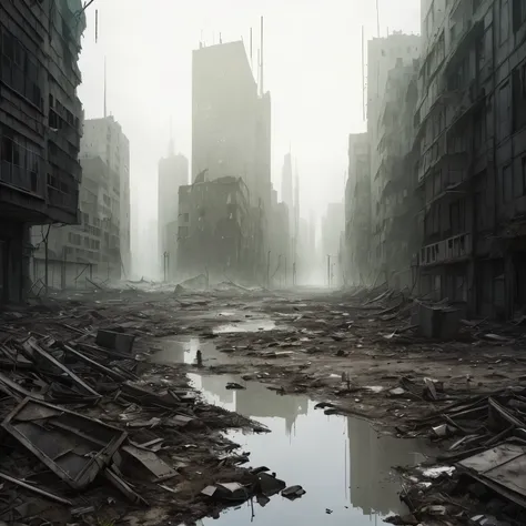 Gorgeous cityscape，There is a puddle of water in the middle, in a post apocalyptic city, outdoors ruined cityscape, destroyed city in background, post - apocalyptic city, dystopian wasteland, Ruined cityscape, em uma paisagem urbana arruinada, destroyed ci...