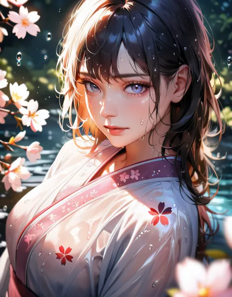 (best quality,highres,ultra-detailed,realistic:1.37),1 girl, (7 years old girl), beautiful detailed eyes,beautiful detailed lips,(wet, wet body, wet hair, wet skin, very wet kimono, reflection on the wet kimono, delicate cherry blossom embroidery, subtle w...