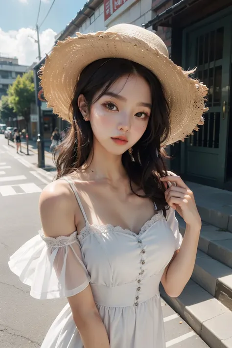 ((best quality)), ((masterpiece)), (detailed), perfect face, Korean woman wearing dress and hat coming down the iron entrance stairs, Summer Afternoon, Wearing a flowing sundress,