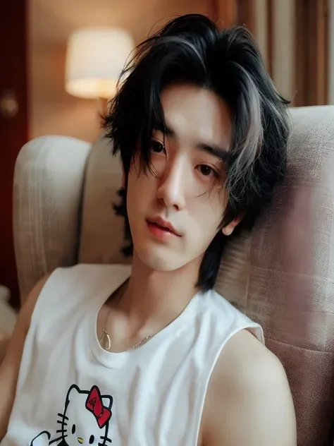 hay un hombre sentado en una silla con una camiseta de hello kitty puesta, Cai Xu Kun, yanjun chengt, pintar ulzzang, inspirado por Zhang Han, inspirado en Bian Shoumin, realista. ChengYi, shen mingchen, capturado en canon eos r 6, chen xintong, jinyoung s...