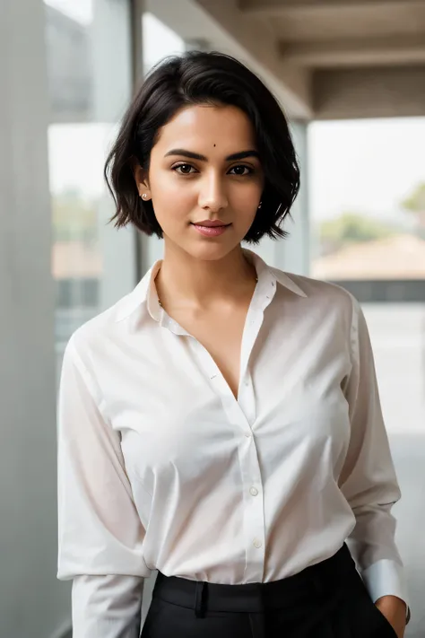 instagram photo, 21yo french woman, short hair, black hair, closeup portrait, pale, hard shadows. Make Indian Version Full realistic ,in a white shirt and orange pants pointing at something, promotional picture, promotional portrait, , portrait, promotiona...